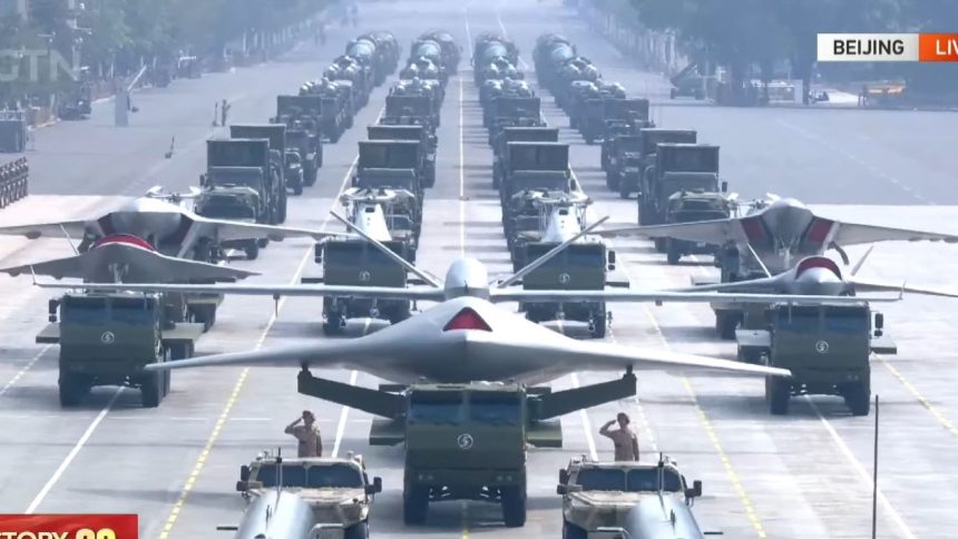 Screengrab showing the front view of the six truck-mounted UCAVs during the parade